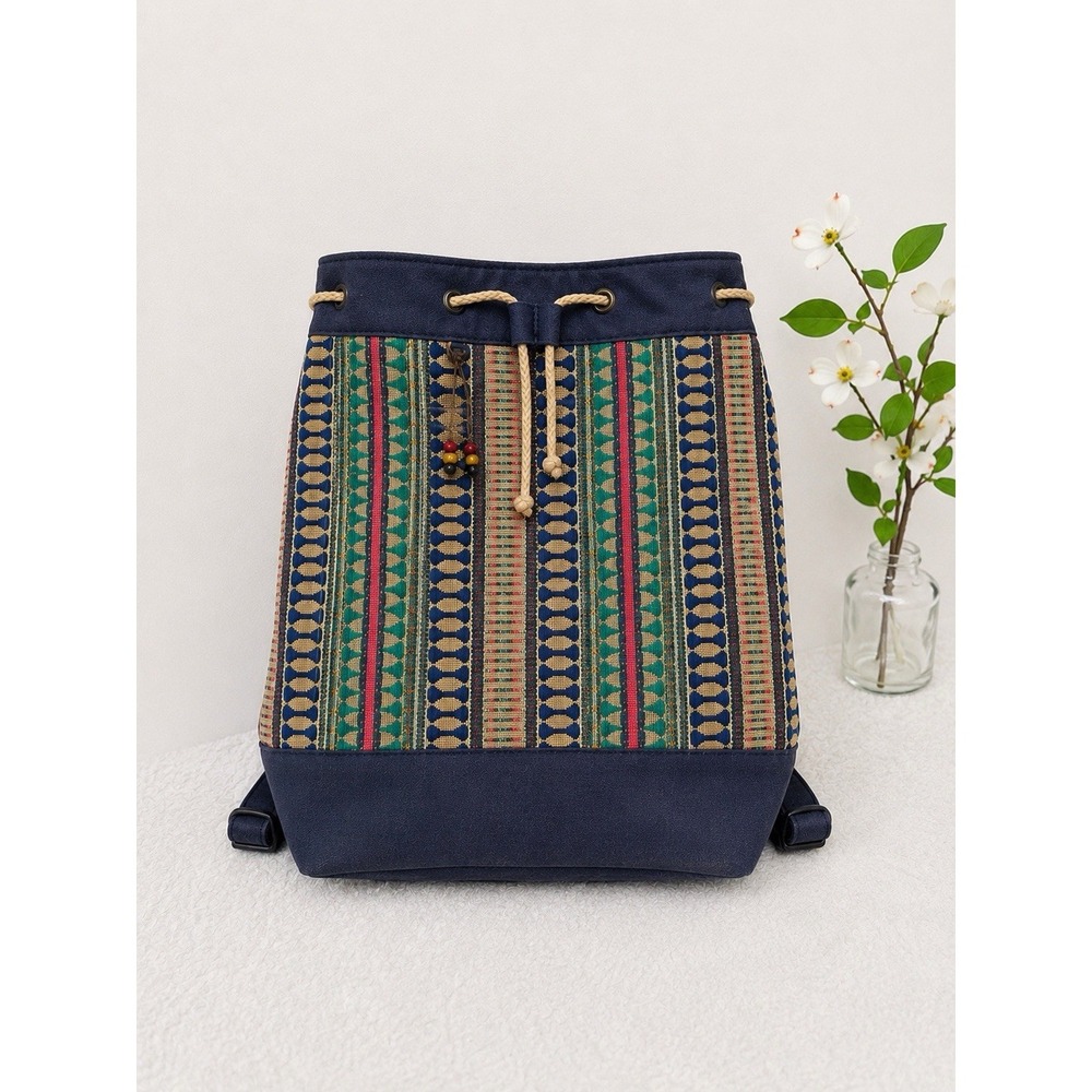 Vintage 90's Drawstring Backpack Boho Southwestern Tribal Woven Rucksack Catori